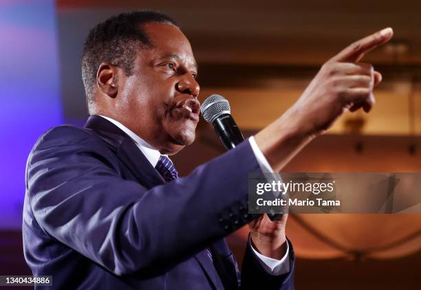 Gubernatorial recall candidate Larry Elder speaks to supporters at an election night event on September 14, 2021 in Costa Mesa, California....