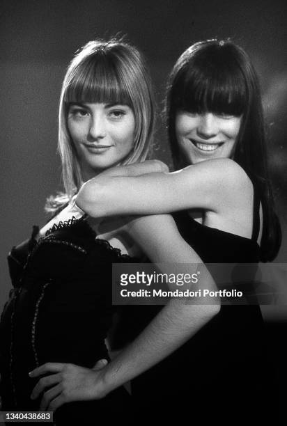 Italian showgirls Antonella Mosetti and Ilaria Galassi of the television program Non è La Rai broadcast by Mediaset. Rome , 1994