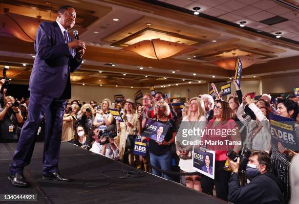 Gubernatorial recall candidate Larry Elder speaks to supporters at an election night event on September 14, 2021 in Costa Mesa, California....