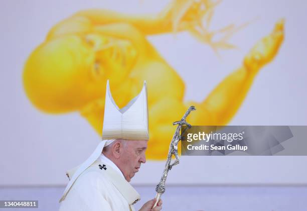 Pope Francis arrives to lead an open-air mass on September 15, 2021 in Sastin, Slovakia. Today's mass concludes an apostolic trip by the Pope to...