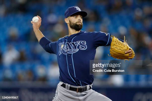 Nick Anderson of the Tampa Bay Rays pitches in the seventh inning of their MLB game against the Tampa Bay Rays at Rogers Centre on September 13, 2021...