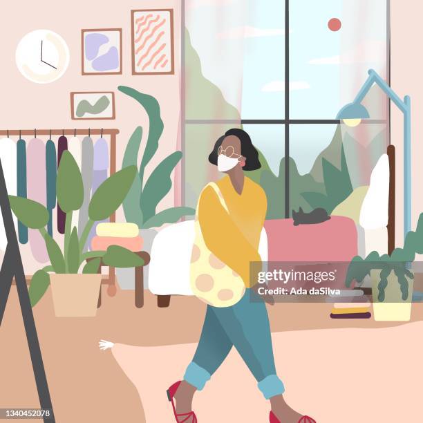 a young ethical fashion women getting dressed - woman dressing stock illustrations