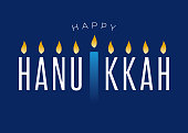 Happy Hanukkah lettering on blue background with menorah. Vector.