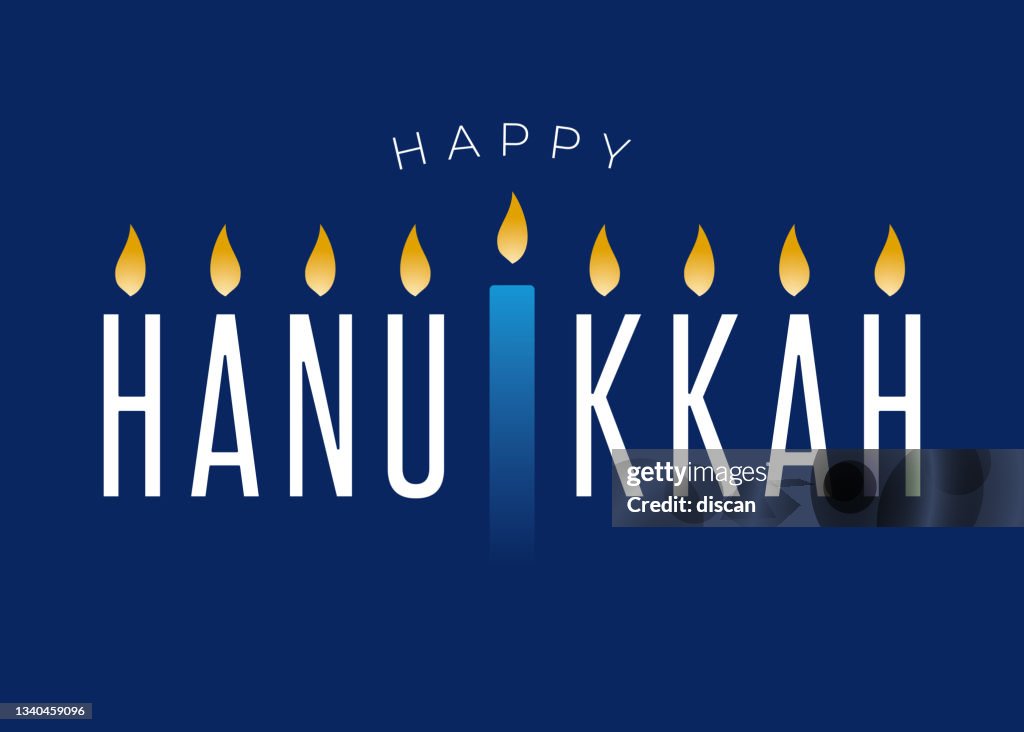 Happy Hanukkah lettering on blue background with menorah. Vector.