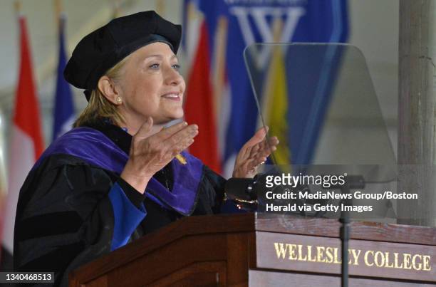 Hillary Clinton delivers her address during the 139th commencement of Wellesley College. May 26, 2017 Staff photo Chris Christo
