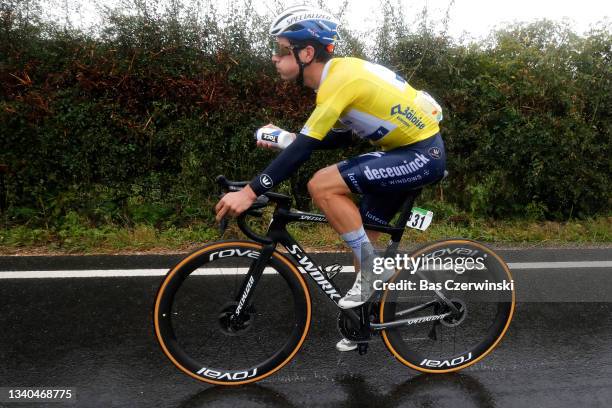 João Almeida of Portugal and Team Deceuninck - Quick-Step yellow leader jersey competes in the rain during the 81st Skoda-Tour De Luxembourg 2021,...