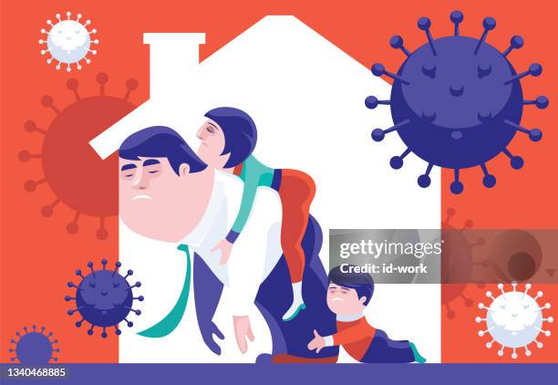 couple and son inside house with virus surrounding - asking mom stock illustrations