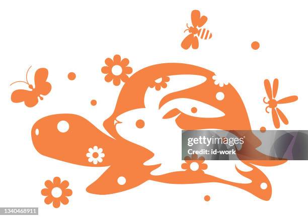 rabbit racing with tortoise symbol - dragonfly stock illustrations