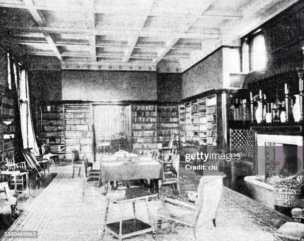 girton college - the library - library interior stock illustrations