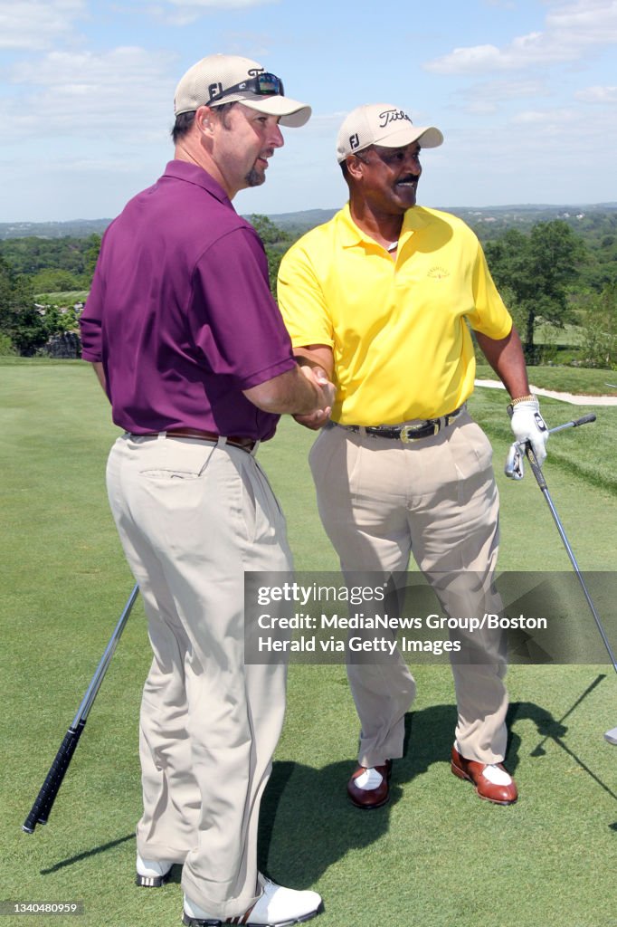 Tim Rice Golf Quincy, MA - Tim Wakefield and Jim Rice shake hands after trying for ...