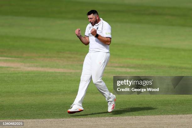 Tim Bresnan of Warwickshire celebrates the wicket of Dom Bess of Yorkshire by lbw during the LV= Insurance County Championship match between...