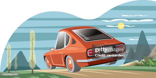 ilustraciones, imágenes clip art, dibujos animados e iconos de stock de coche deportivo de viaje - escapada urbana