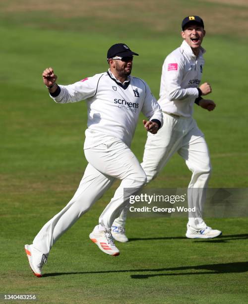 Tim Bresnan of Warwickshire celebrates catching out Steve Patterson of Yorkshire during the LV= Insurance County Championship match between Yorkshire...