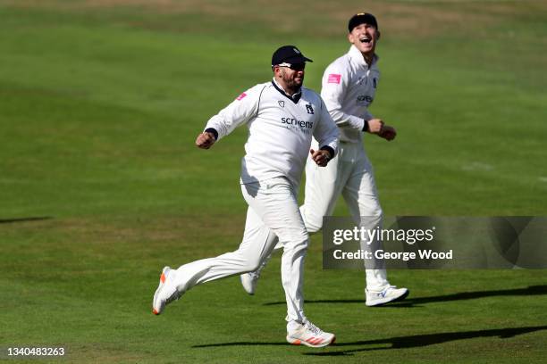 Tim Bresnan of Warwickshire celebrates catching out Steve Patterson of Yorkshire during the LV= Insurance County Championship match between Yorkshire...