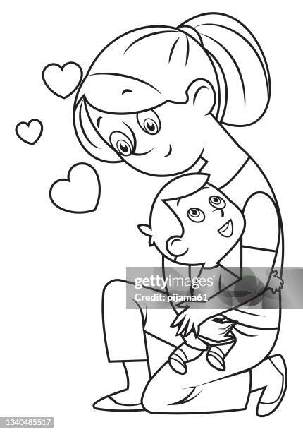 schwarz und weiß, die mutter und der sohn - ausmalen stock-grafiken, -clipart, -cartoons und -symbole