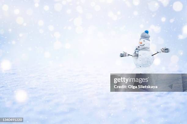 cheerful snowman in a snowy meadow. - blue snowman stock pictures, royalty-free photos & images