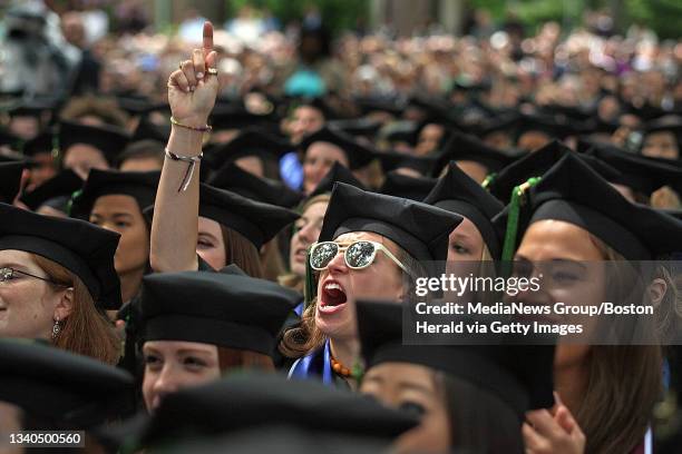 Wellesley, MA) Wellesley College commencement exercises took place on the college campus in Wellesley.Garduates react as they listen as Mona Minkara,...