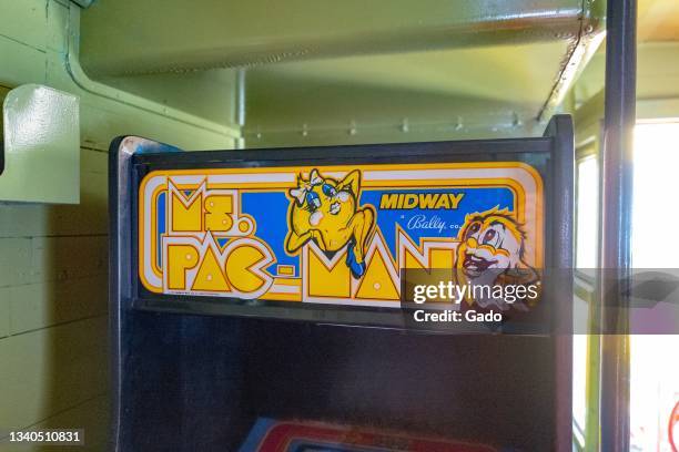 Close-up of top of classic Ms. Pac-Man arcade game from Midway, Sonoma, California, September 11, 2021. Photo courtesy Sftm.