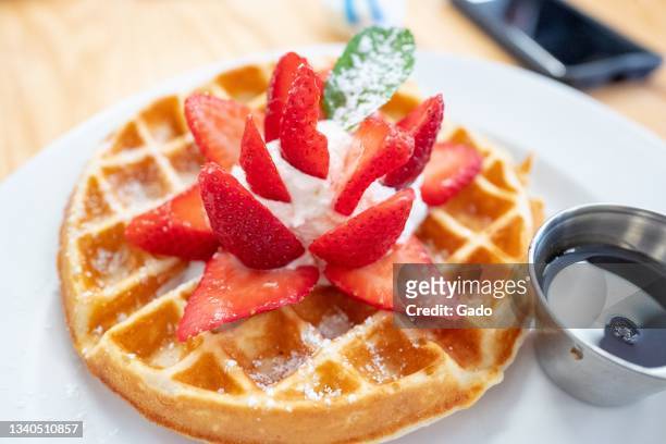 Belgian waffle with strawberries at Denica's restaurant in Dublin, California, September 12, 2021. Photo courtesy Sftm.