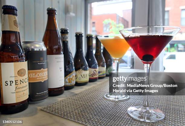 Selection of beers and cocktails Amaro Sour and Piazza del Nord at Acqua Pazza in the North End on Tuesday, June 6, 2017. Staff Photo by Nancy Lane