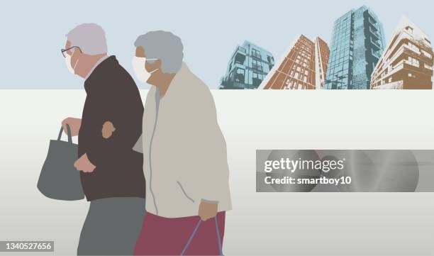 illustrazioni stock, clip art, cartoni animati e icone di tendenza di coppia anziana con maschere protettive per il viso - centro di cura residenziale
