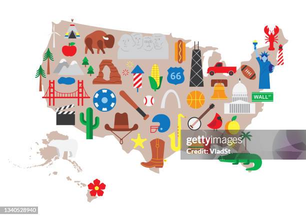 stockillustraties, clipart, cartoons en iconen met usa road trip united states map travel landmarks clipart american culture icons - chicago map