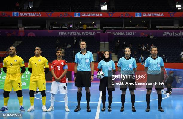 Referee Gelareh Deylami lines up for the anthems prior to the FIFA Futsal World Cup 2021 group B match between Egypt and Guatemala at Vilnius Arena...
