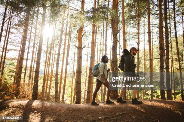 young couple hiking trough forest. - backpackers stock pictures, royalty-free photos & images