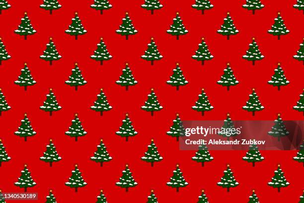 artificial christmas tree with imitation snow on the branches, decorated with a glowing and shining bright star. wrapping paper template with bright festive beautiful background. the concept of christmas, new year, christmas eve. seamless pattern. - wrap stock-fotos und bilder