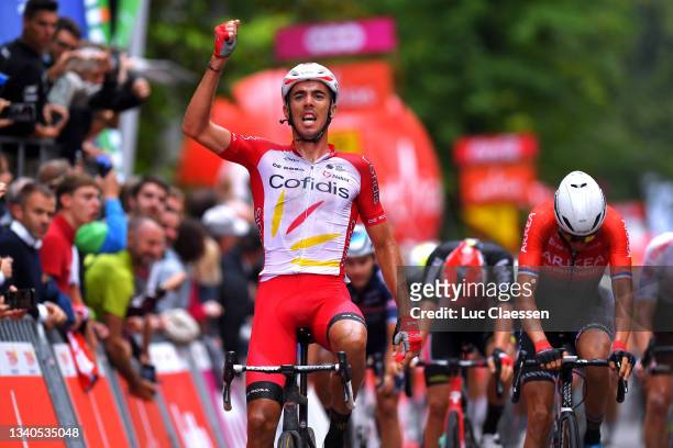 Christophe Laporte of France and Team Cofidis celebrates at finish line as stage winner ahead of Warren Barguil of France and Team Arkéa - Samsic...