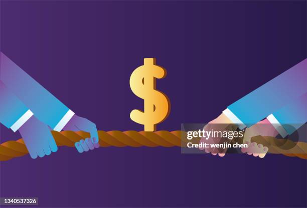 two people in a tug of war for the dollar - man hand pulling stock illustrations