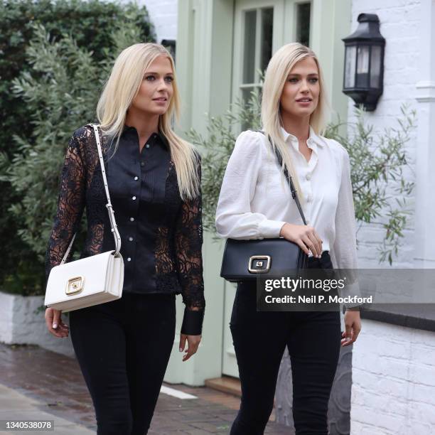 Lady Eliza Spencer and Lady Amelia Spencer seen walking around Chelsea with their Viv Choc, Roger Vivier bags on September 14, 2021 in London,...