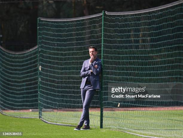 Arsenal Technical Director Edu Gaspar watches a training session at London Colney on September 16, 2021 in St Albans, England.
