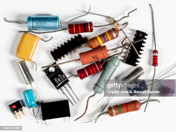 electronic component group on a white background. - resistencia electrica imagens e fotografias de stock