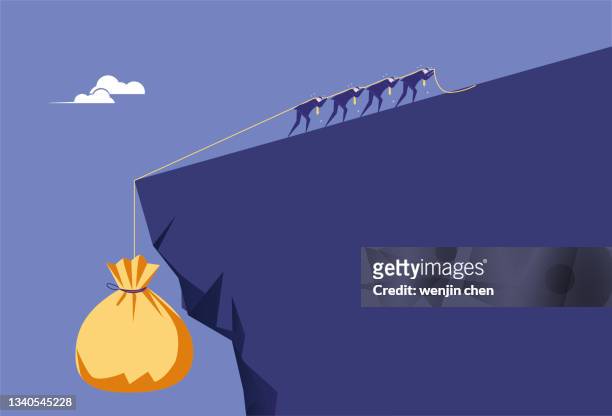 people work hard to pull wealth up the cliff - crumble stock illustrations