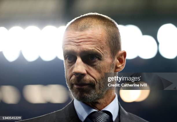 President prior to Aleksander Ceferin the UEFA Champions League group H match between Chelsea FC and Zenit St. Petersburg at Stamford Bridge on...