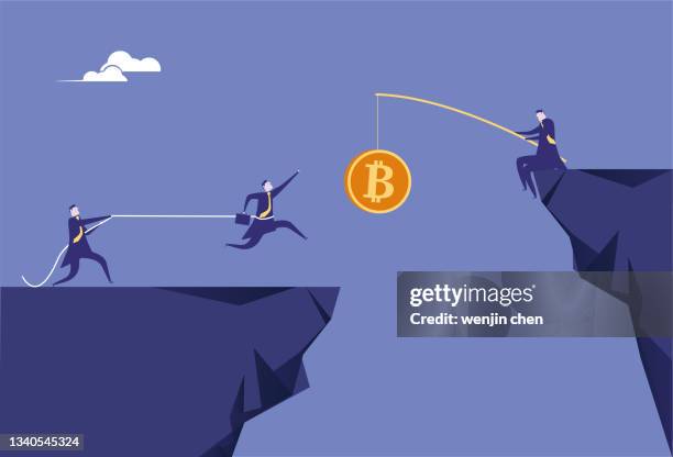 illustrazioni stock, clip art, cartoni animati e icone di tendenza di gli uomini d'affari tengono le persone che sono attirate da bitcoin e cadono nella scogliera - criptovaluta