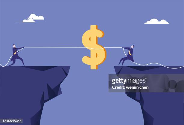 illustrations, cliparts, dessins animés et icônes de deux personnes sont à la corde sur la falaise pour des dollars - fiscal cliff