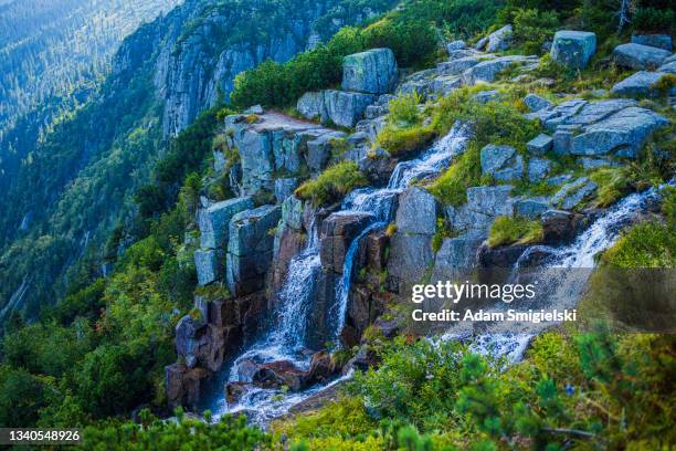 fallender wasserfall am gebirgsbach (hdri) - riesengebirge stock-fotos und bilder