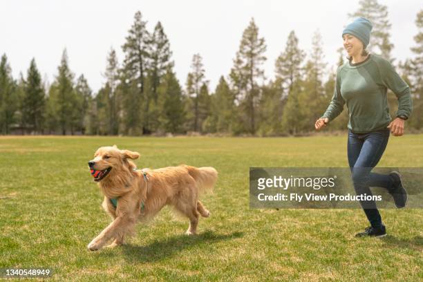 woman playing with pet golden retriever at the park - off leash dog park stock pictures, royalty-free photos & images
