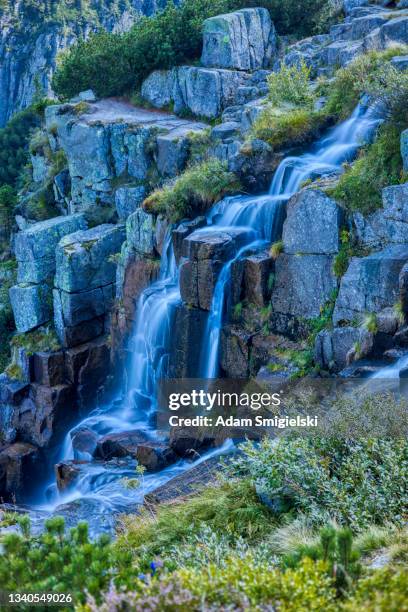 falling waterfall on the mountain stream (hdri) - czech republic nature stock pictures, royalty-free photos & images