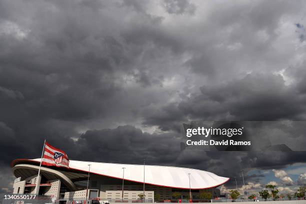 General view outside the stadium as the Atletico Madrid flag is seen prior to the UEFA Champions League group B match between Atletico Madrid and FC...