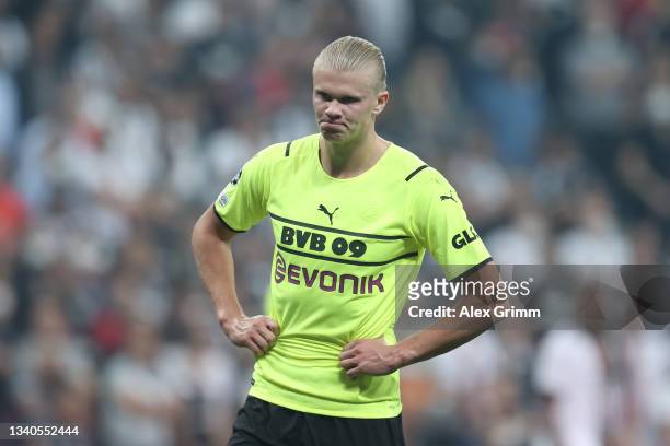Erling Haaland of Borussia Dortmund reacts during the UEFA Champions League group C match between Besiktas and Borussia Dortmund at Vodafone Park on...