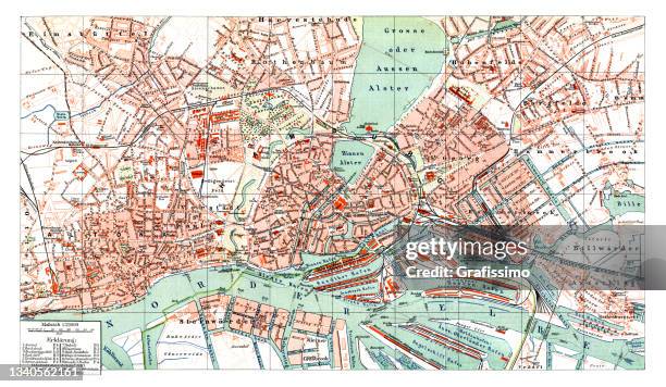 stockillustraties, clipart, cartoons en iconen met old map of hamburg with harbor germany 1898 - hamburg