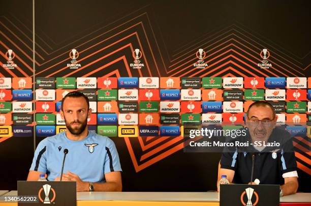 Lazio head coach Maurizio Sarri and Vedat Muriqi of SS Lazio attend the press conference on September 15, 2021 in Istanbul, Turkey.