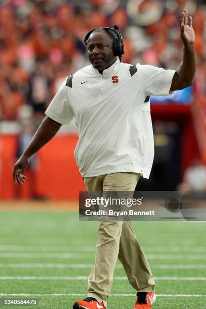 Head Coach Dino Babers of the Syracuse Orange reacts during the third quarter of a game against the Rutgers Scarlet Knights at Carrier Dome on...