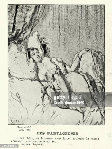 two women in bed together talking, french, victorian, 19th century - house for an art lover stock illustrations