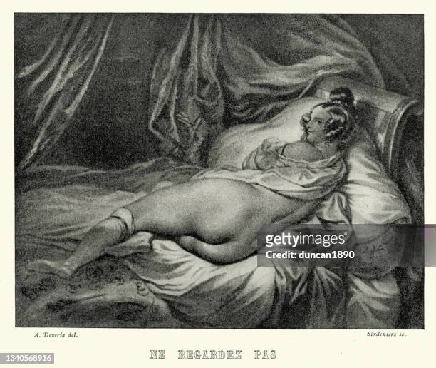 illustrazioni stock, clip art, cartoni animati e icone di tendenza di bella donna che si rilassa su un letto, all'inizio del 19 ° secolo - seduzione