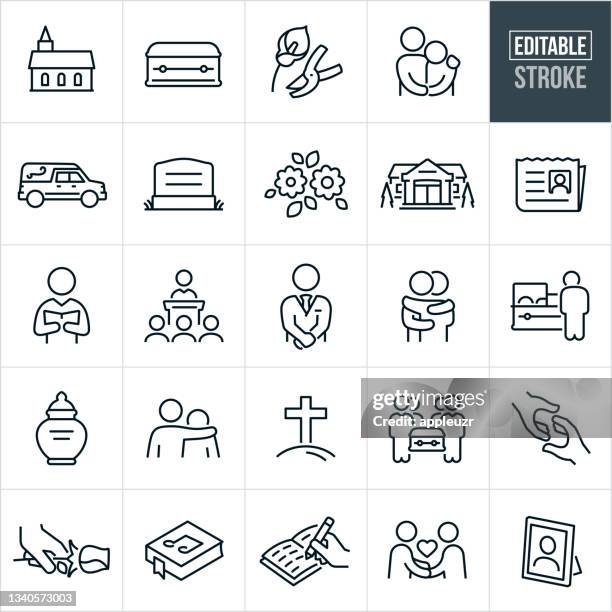 ilustraciones, imágenes clip art, dibujos animados e iconos de stock de iconos de línea delgada mortuoria y funeraria - trazo editable - cementerio