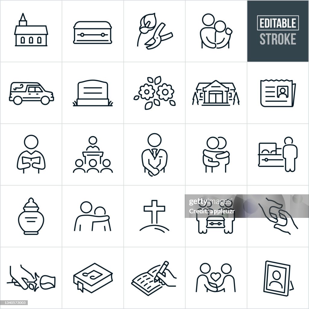 Mortuary and Funeral Thin Line Icons - Editable Stroke